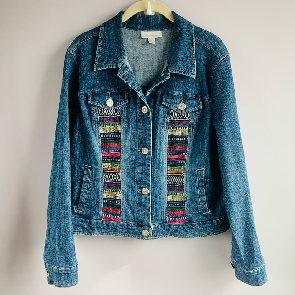 Denim Jean Jacket Blue Multi Embroidered Serape Flowers Boho Western Medium